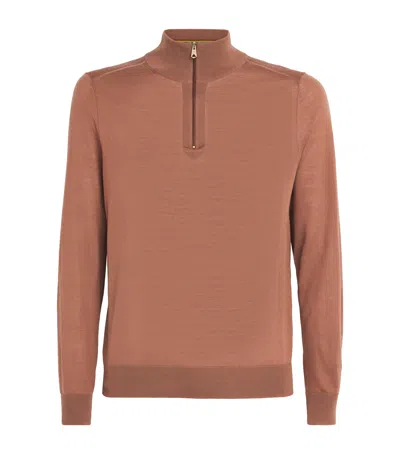 Paul Smith Merino Wool Quarter-zip Sweater In Brown