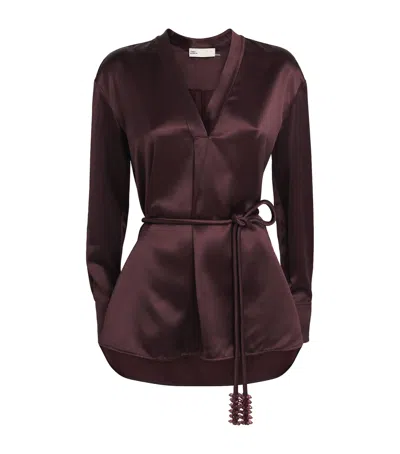 Tory Burch Satin V-neck Blouse In Burgundy