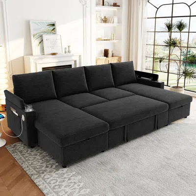 Streamdale Furniture Streamdale Convertible U-shaped Sectional Sofa With Storage, Cup Holders & Usb Ports, Black