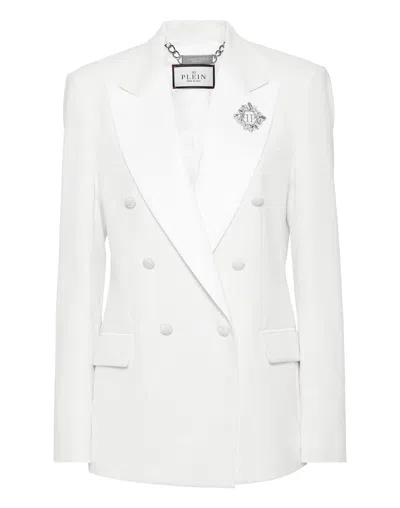 Philipp Plein Crepe And Satin Double-breasted Blazer Dame In White