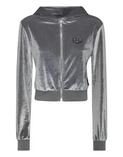 Philipp Plein Chenille Hoodie Sweatjacket Strass Skull In Gray