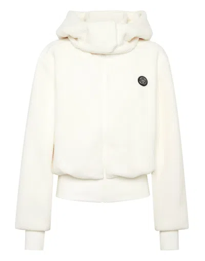 Plein Sport Sherpa Puffered Hoodie Sweatjacket In Neutral
