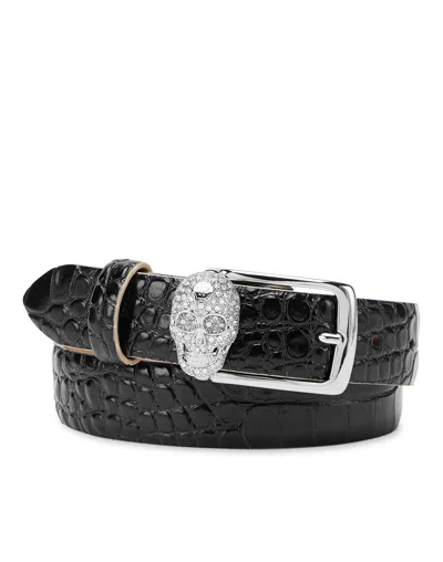 Philipp Plein Leather Belt Crocco Print Shiny Skull In Black