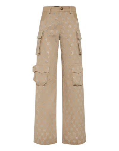 Philipp Plein Long Trousers Cargo Fit Strass Monogram In Brown