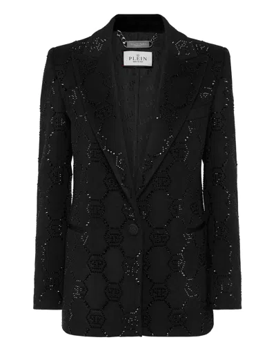 Philipp Plein Wool Boxy Blazer Strass Monogram In Black