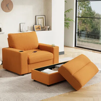 Streamdale Furniture Streamdale Oversized Corduroy Chaise Lounge With Storage Ottoman, Cup Holders & Usb