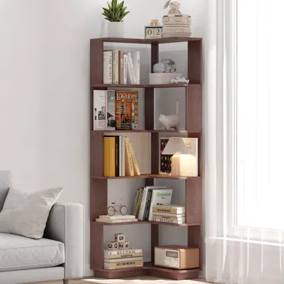 Streamdale Furniture Streamdale 6 Tier L-shaped Corner Bookshelf - Wooden Bookcase With Anti-tip Device (dark Red)