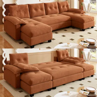 Streamdale Furniture Streamdale 104.7" U-shaped Sleeper Sofa With Pull Out Bed, Convertible Couch Bed, Orange
