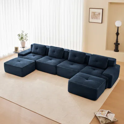 Streamdale Furniture Streamdale Modern U-shaped Corduroy Sectional Sofa With Ottomans, Blue