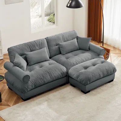 Streamdale Furniture Streamdale Oversized Modern Velvet Two-seater Sofa With Ottoman & Pillows, Grey