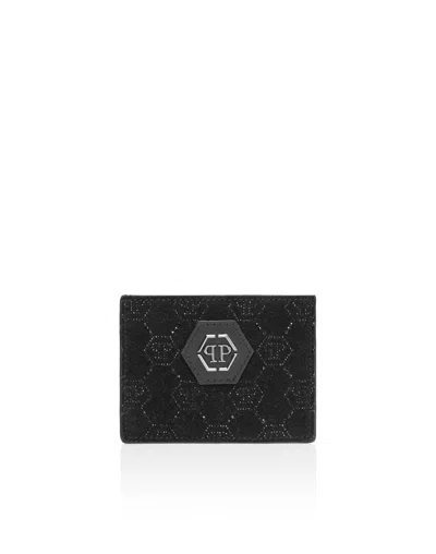 Philipp Plein Leather Cardholder Monogram Strass In Black