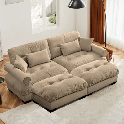 Streamdale Furniture Streamdale Camel Oversized Modern Velvet Two-seater Sofa With Ottoman And Pillows