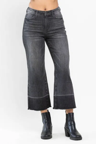 Judy Blue High Waist Wide Leg Release Hem Crop Jeans In Black In Black