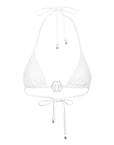 Philipp Plein Swimwear Top Triangle Bra Crystal Hexagon In White