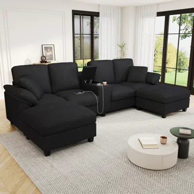 Streamdale Furniture Streamdale Modern U-shaped Corduroy Sofa With Storage, Cup Holders & Usb Ports, Black
