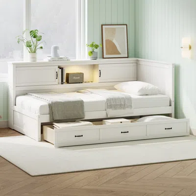 Streamdale Furniture Streamdale L-shaped Bed Frame With Drawer, Bookcase, Led, Usb - White, Full Size