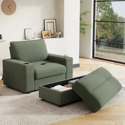 Streamdale Furniture Streamdale Oversized Corduroy Chaise Lounge With Storage Ottoman, Cup Holders & Usb