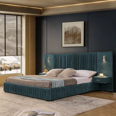 Streamdale Furniture Streamdale King Size Upholstered Bed Frame With Chenille, Pleated Design, No Box Spring Needed-blue-