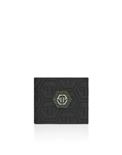 Philipp Plein Nylon And Leather French Wallet Monogram In Black