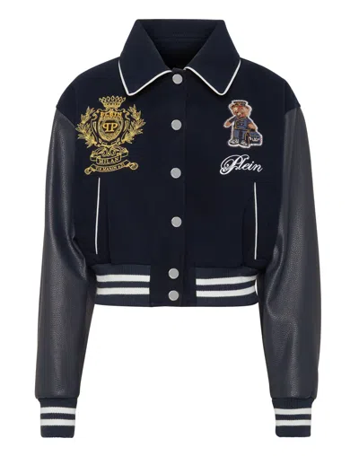 Philipp Plein Wool And Leather College Bomber Teddy In Blue
