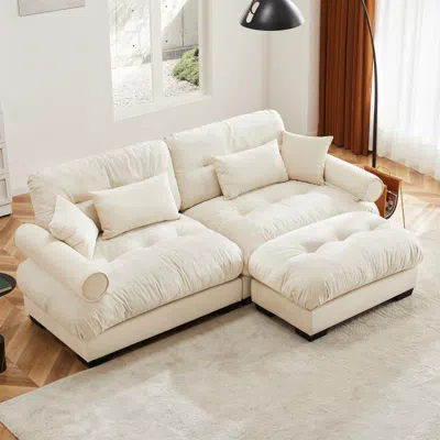 Streamdale Furniture Streamdale Oversize Modern Velvet Two-seater Sofa With Ottoman And Pillows, Cream