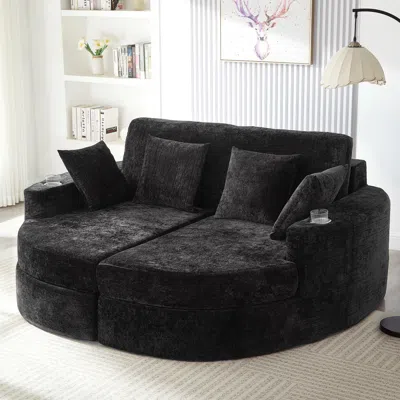 Streamdale Furniture Streamdale Full-compressed Chaise Sofa 80" Curved Boneless Couch With Cup Holders, Black