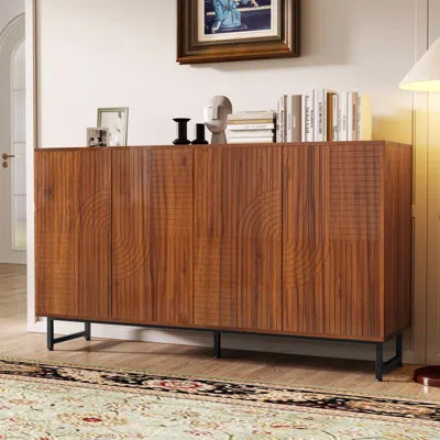 Streamdale Furniture Streamdale Mid-century Modern Walnut Sideboard Buffet Cabinet, 59" Geometric Carved Storage Credenza