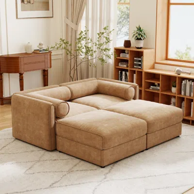 Streamdale Furniture Streamdale Stylish Camel Chenille 2-seater Sofa With 2 Ottoman Storage Seats