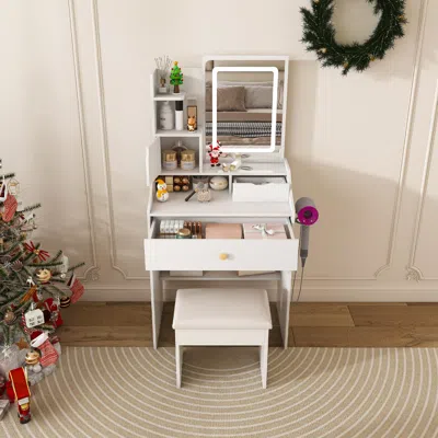 Streamdale Furniture Streamdale 3-color Led Vanity Mirror With Stool & Pink Dressing Table, 2 Drawers, 5 Cabinets