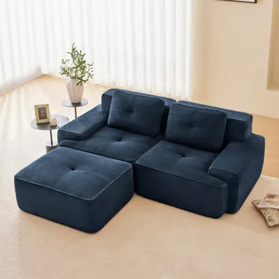 Streamdale Furniture Streamdale Blue 82" Modern L-shaped Corduroy Sectional Sofa With Ottoman