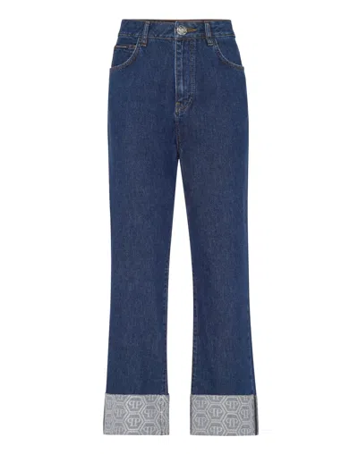Philipp Plein Denim Trousers Loose Fit Cufffed Monogram In Blue