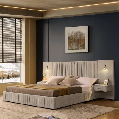 Streamdale Furniture Streamdale King Size Chenille Upholstered Bed Frame With Pleated Design - Beige