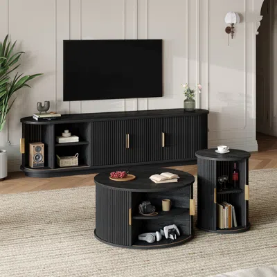 Streamdale Furniture Streamdale Wooden Tv Stand & Coffee Table Set With Fluted Doors, Golden Handles, Black