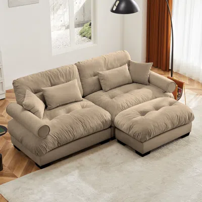 Streamdale Furniture Streamdale Camel Oversized Modern Velvet Two-seater Sofa With Ottoman And Pillows