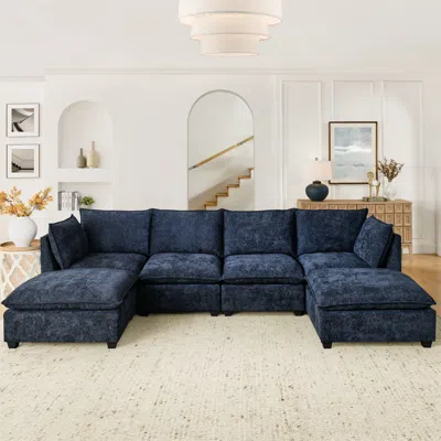 Streamdale Furniture Streamdale Comfy Cloud 4-seat Chenille Sofa Sleeper With Ottomans & Pillows (blue)