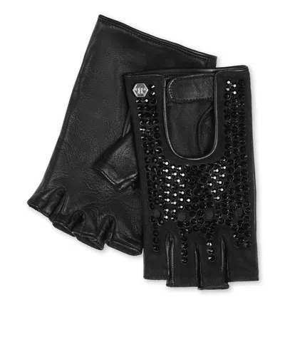 Philipp Plein Driver Gloves With Crystals In Black