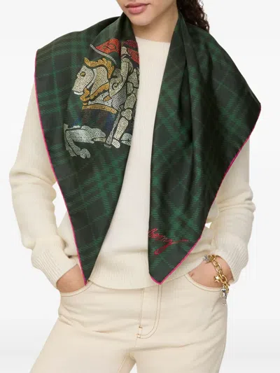 Burberry Check Crystal-embellishment Silk Scarf In Green