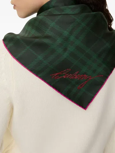 Burberry Check Crystal-embellishment Silk Scarf In Green