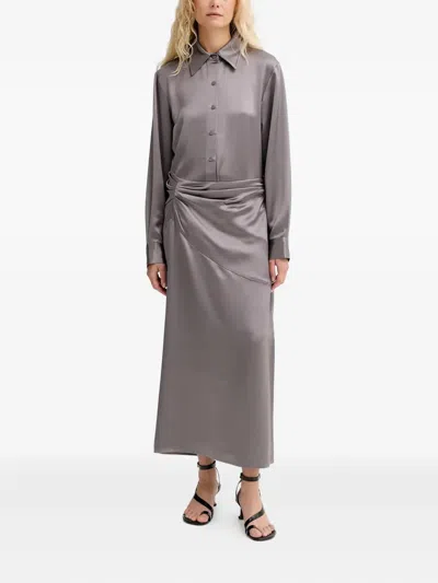 Isabelle Blanche Ruched Shirt Maxi Dress In Gray