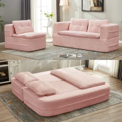 Streamdale Furniture Streamdale Multi-functional Sectional Sofa Bed With Chaise Lounge, King Size, Baby Pink