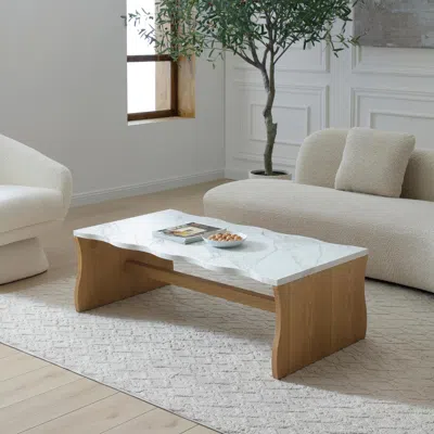 Streamdale Furniture Streamdale Whisper Of Waves Modern Coffee Table, White Faux Marble & Solid Wood Base