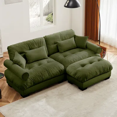 Streamdale Furniture Streamdale Olive Green Velvet Two-seater Sofa With Ottoman And Pillows