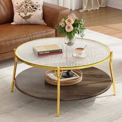 Streamdale Furniture Streamdale Modern Round Walnut Coffee Table With Glass Top & Gold Base