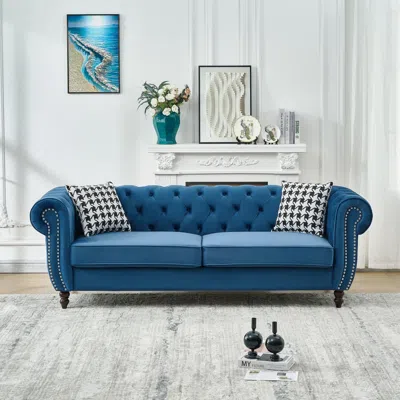 Streamdale Furniture Streamdale Blue 87" Chesterfield Velvet Sofa With Roll Armrest & Nailhead
