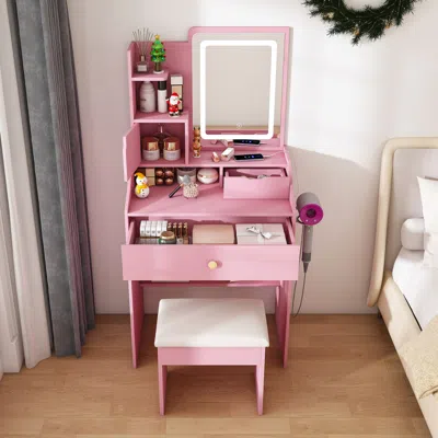 Streamdale Furniture Streamdale 3-color Led Vanity Mirror With Stool, Pink Dressing Table, 2 Drawers, 5 Cabinets