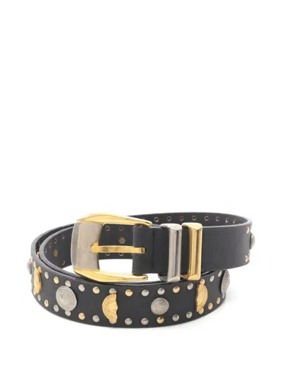 Pre-owned Versace 2000s Medusa Coin Studs Leather Belt In Black