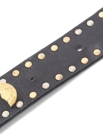 Pre-owned Versace 2000s Medusa Coin Studs Leather Belt In Black