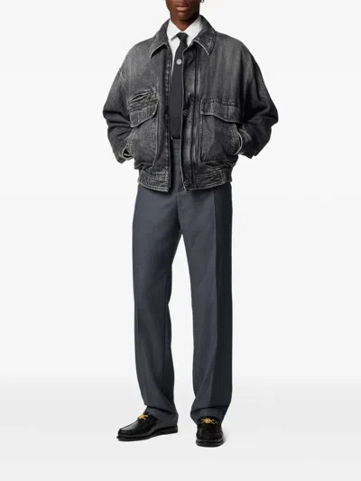 Versace Micro-checked Wool Trousers In Blue