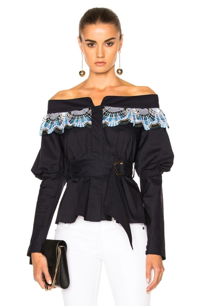 Shop Peter Pilotto Cotton Lace Belted Top In Blue. In Navy