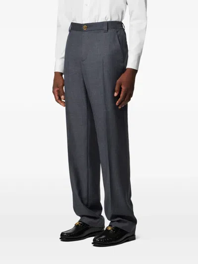 Versace Micro-checked Wool Trousers In Blue